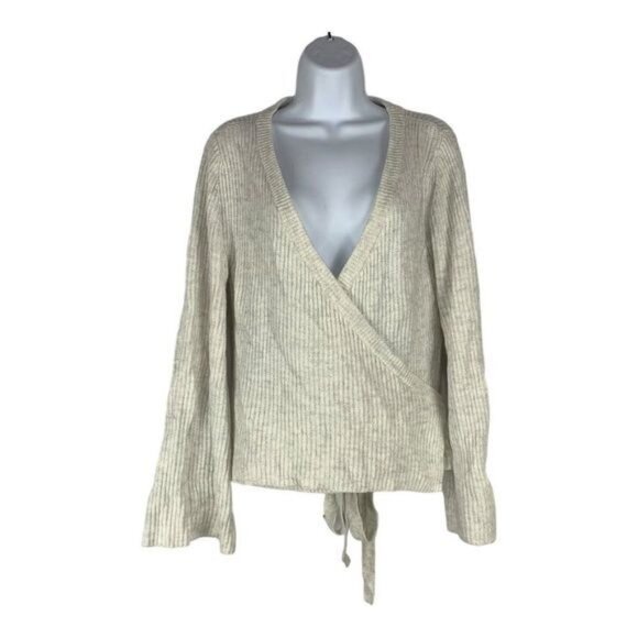 Cupcakes & Cashmere Beige Ribbed Wrap Sweater With Tie Closure Womens Large - Picture 1 of 8